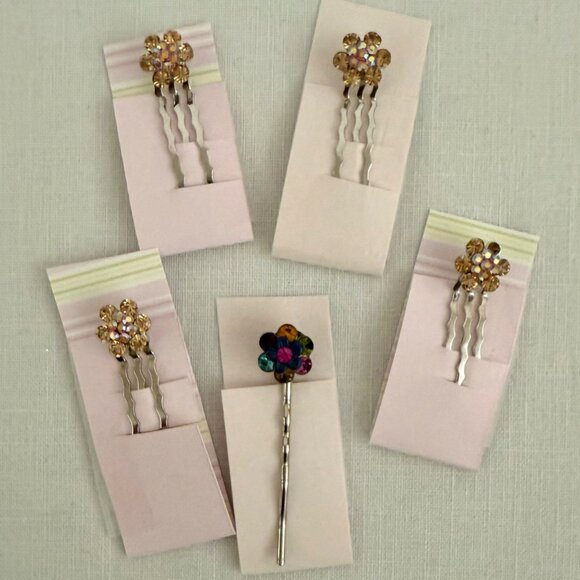 Rhinestone Flower Hair Jewelry Pins Set of 5 Multicolor Gold Floral Accessories - Picture 3 of 8
